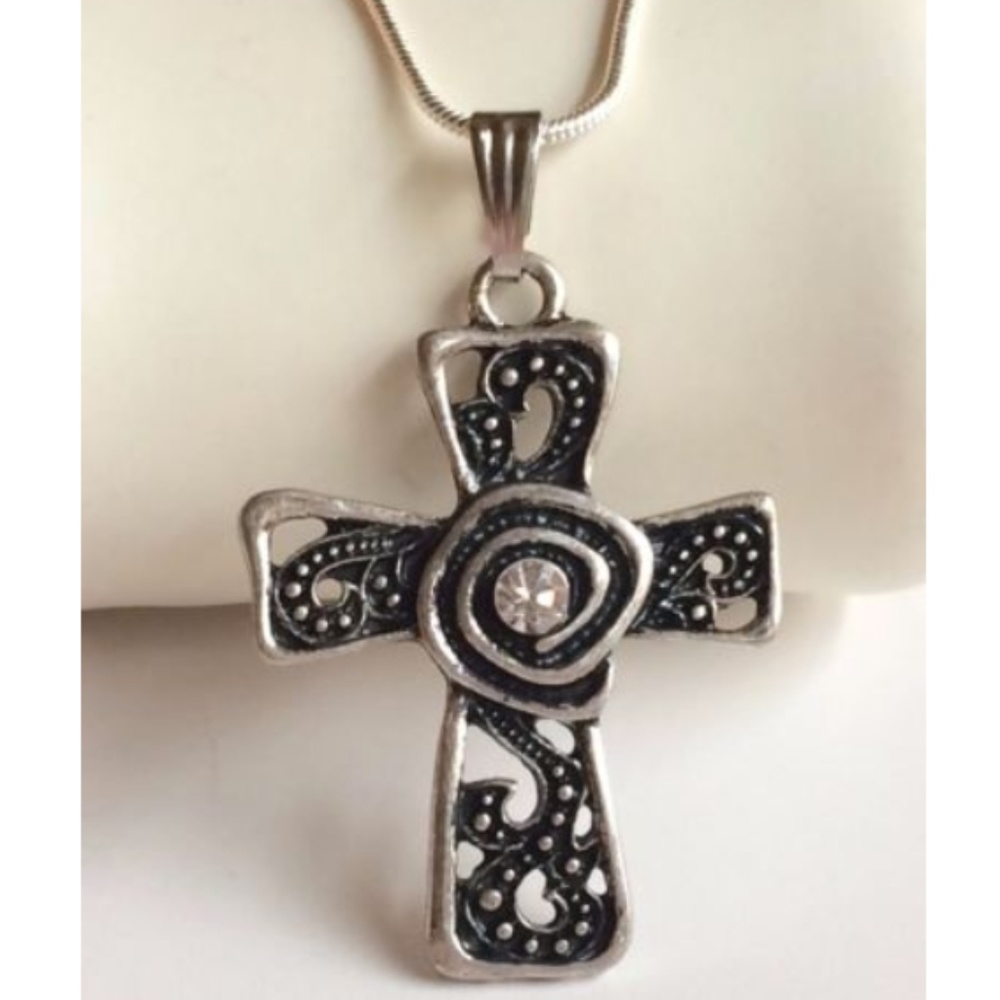 Vintage Celtic Crystal Cross Necklace 22" Silver Plated Christian Baptism Gift
